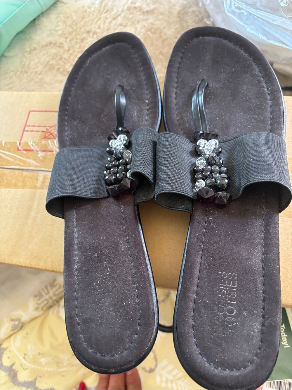 Black Jeweled Bow Slide Sandals - Women's